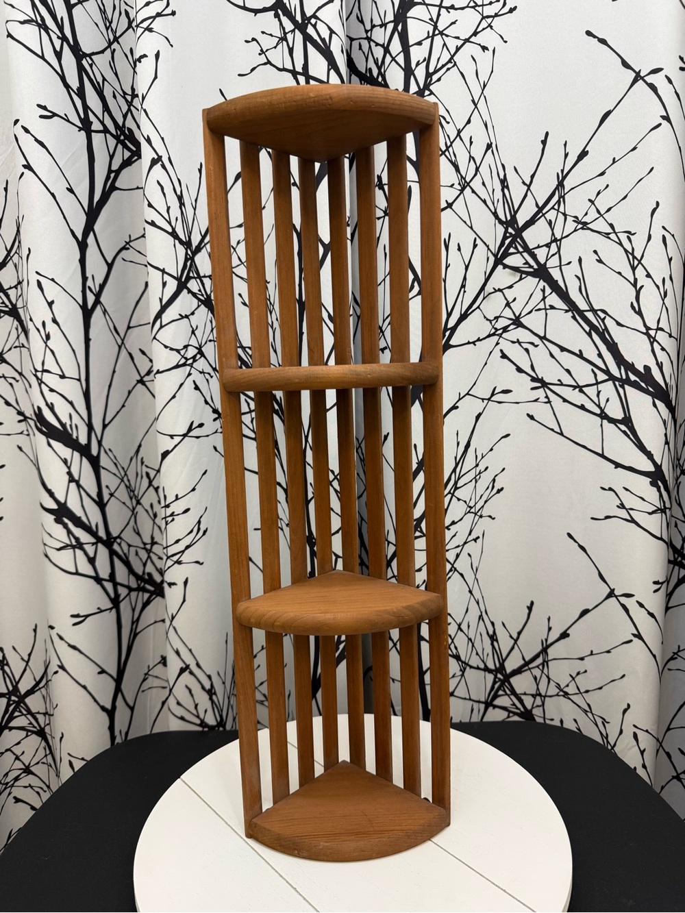 Vintage Wood Corner Hanging Wall Shelf 4 Tier Slat Back Display Shelf 24" Tall